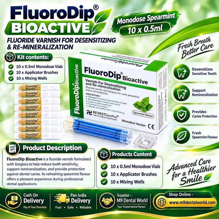 Prevest DenPro FluoroDip Bioactive Fluoride Varnish 10 × 0.5ml Monodose – Spearmint Flavour
